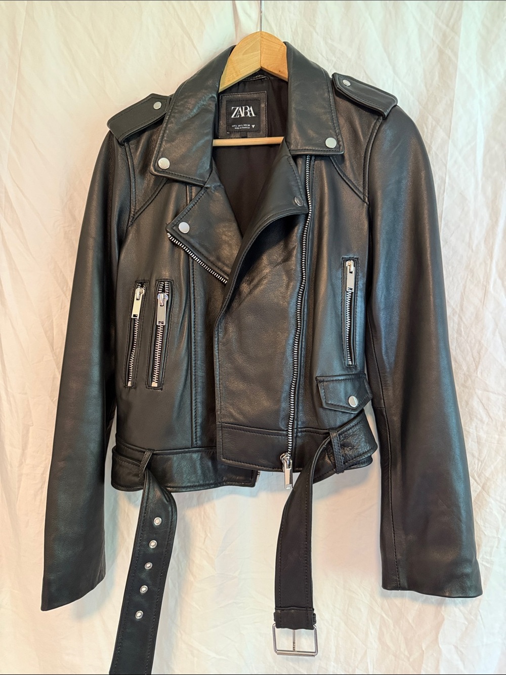 ZARA Black Leather Moto Jacket with Belted Waist